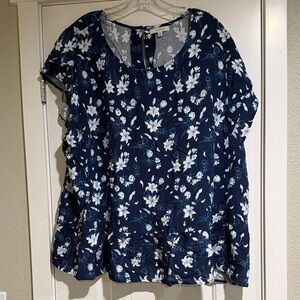 Angels Navy Floral Short Sleeve Peplum Blouse